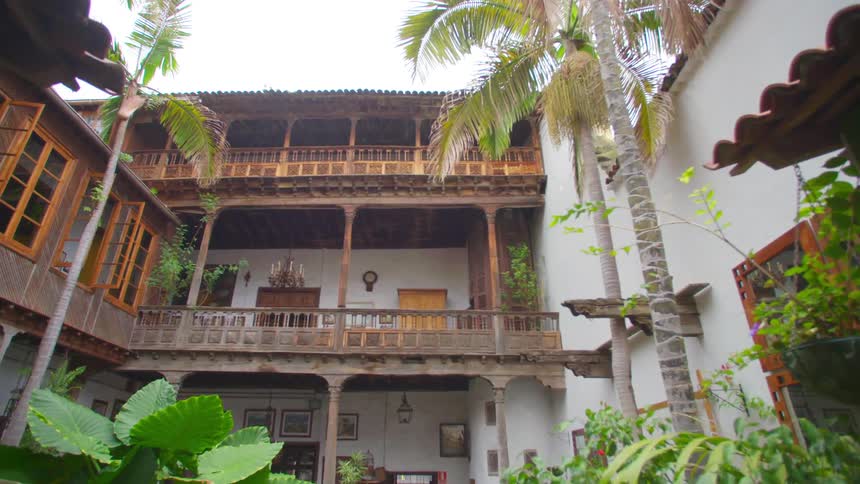 An outdoor view of a house is displayed surrounded by tropical trees