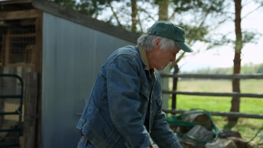 An elderly man moves hay bails and then holds his aching hand