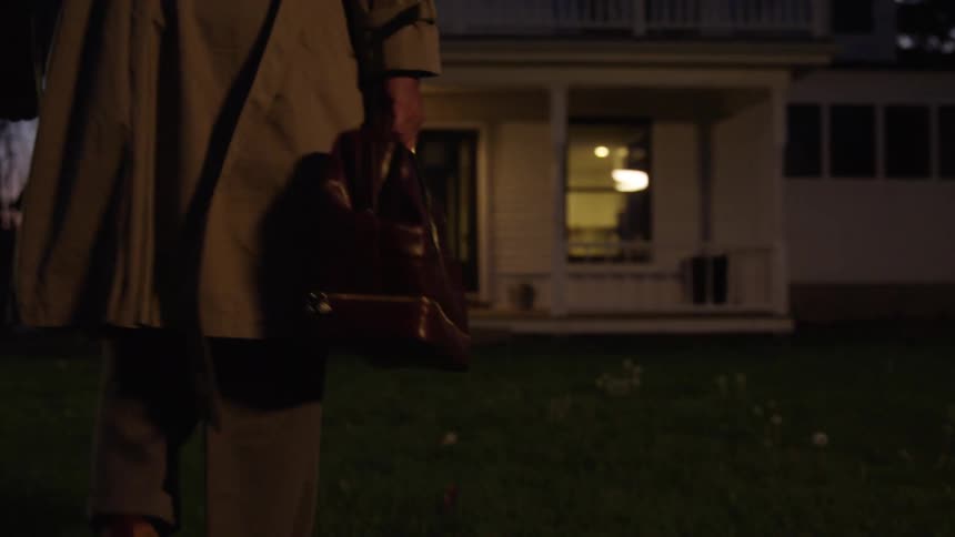 Someone walking towards a house while carrying a small piece of luggage