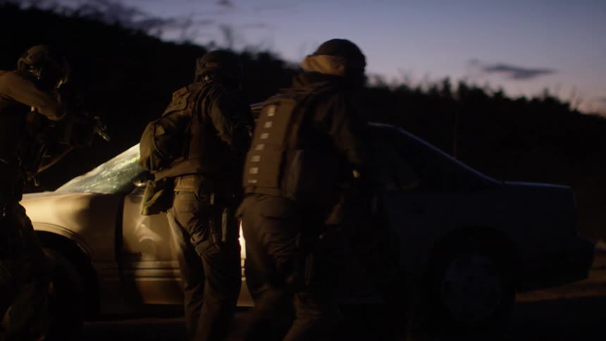 Police approach an abandoned vehicle in a park with guns drawn