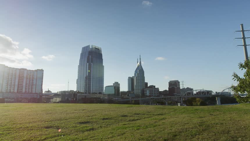Downtown city skyline at morning from a grass field