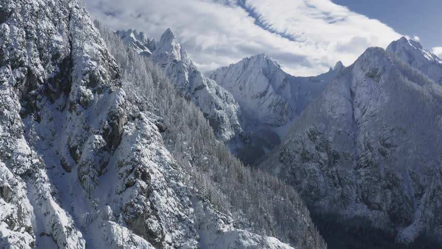 Aerial view of high snow capped mountains of glacier