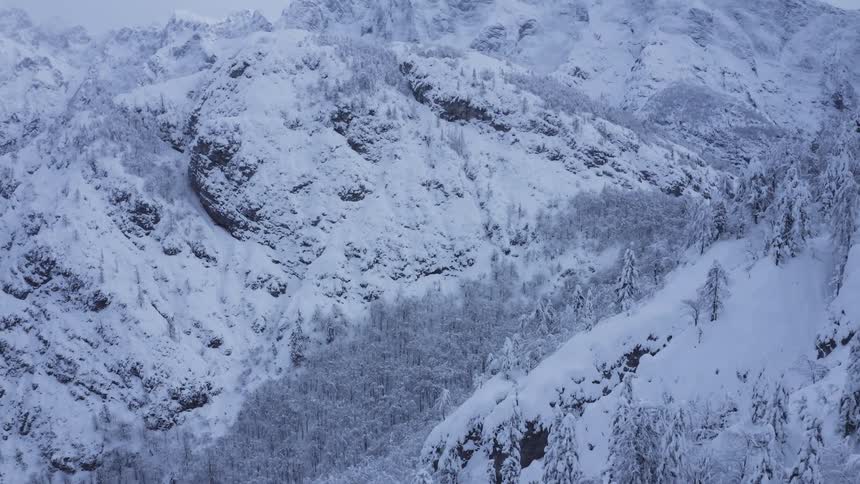 Aerial view of snowy valley and mountain range