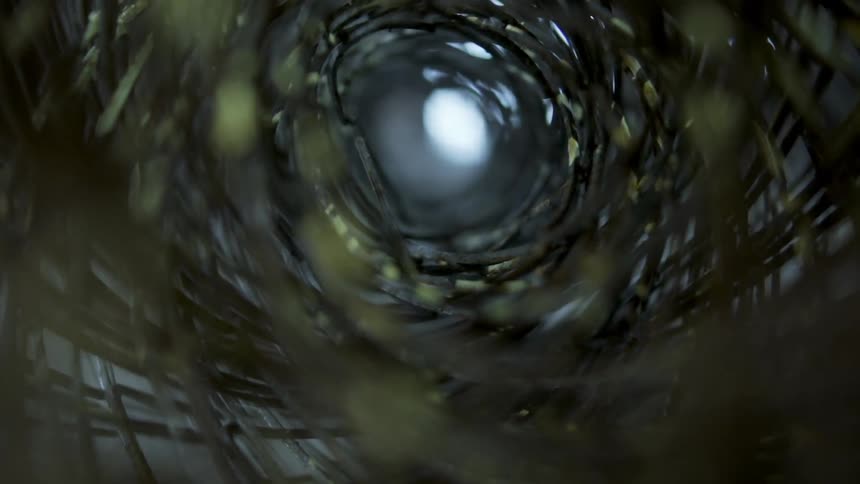 Light shifts across metal of rolled mesh as spotlight shines through center