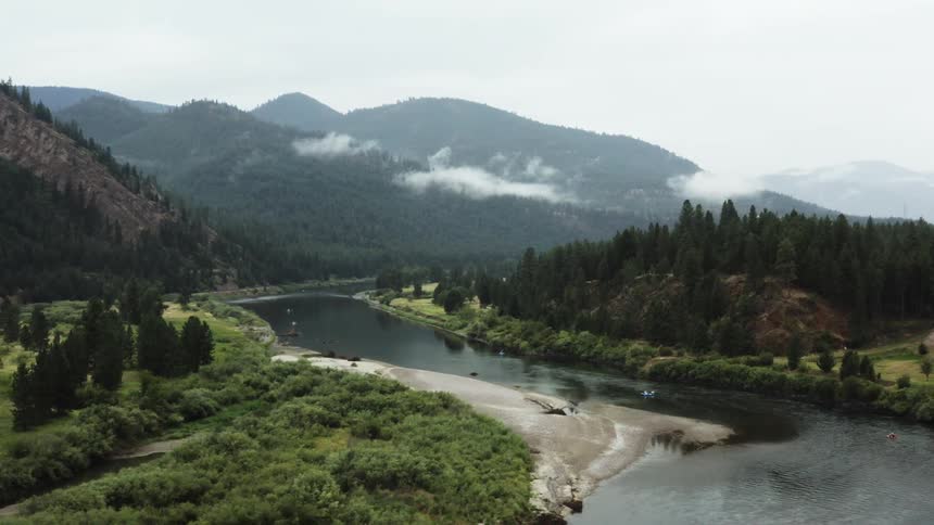 A river with trees and plants with mountains in the background