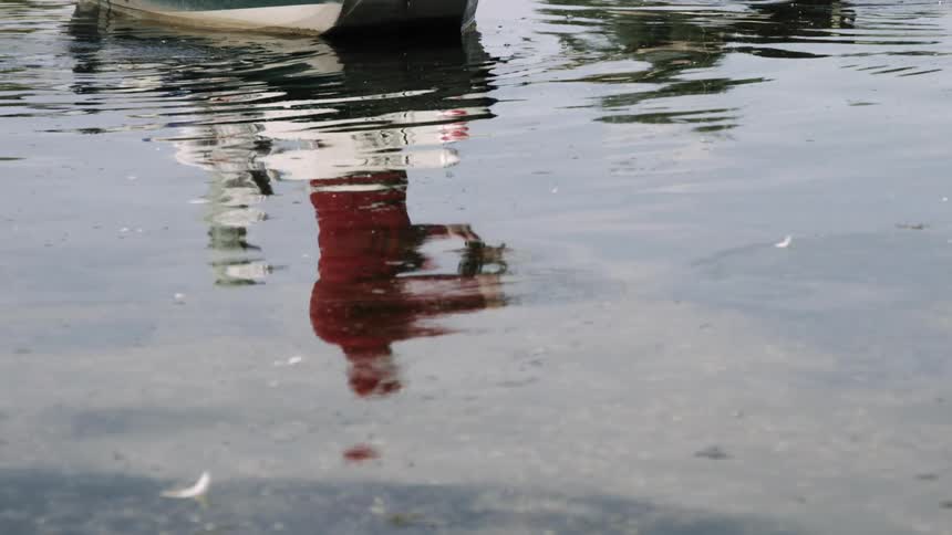 The reflection of a person fishing