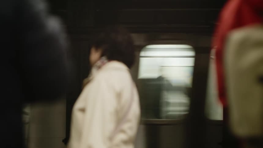 People waiting on a subway platform as the train passes by