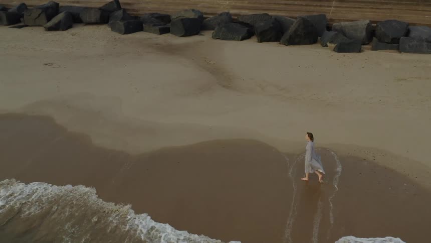 Birdseye view of a a woman walking along the beach