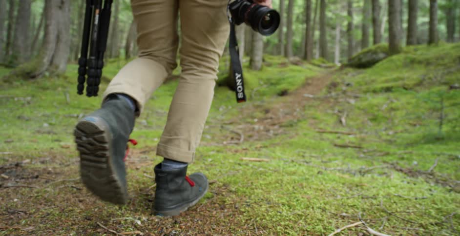 A white man carries a camera and tripod down a trail in a forest
