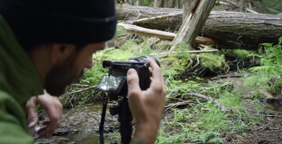 A man with a camera taking a picture of a stream and a fallen log