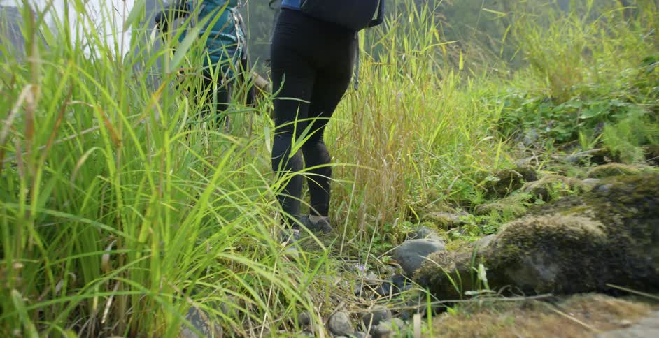 Two women wearing leggings and backpacks walks over rocks and through tall grass