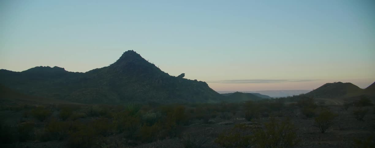 A desert filled with scrub sits near a mountain