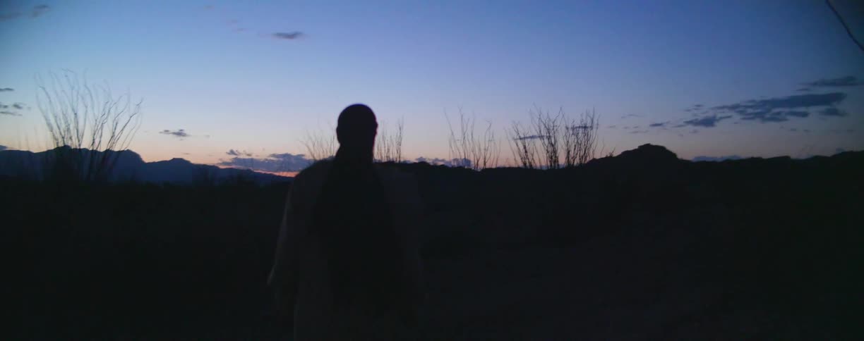 Bearded man wearing robes wanders through the desert at sunset