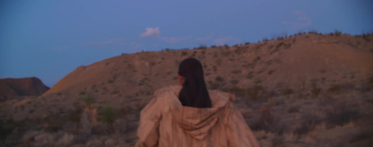 Man walks toward scrub covered low mountain after dusk