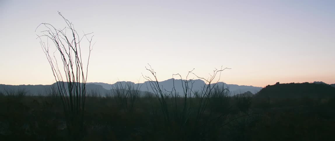 The sun sets behind a canyon flanked by a bush filled field