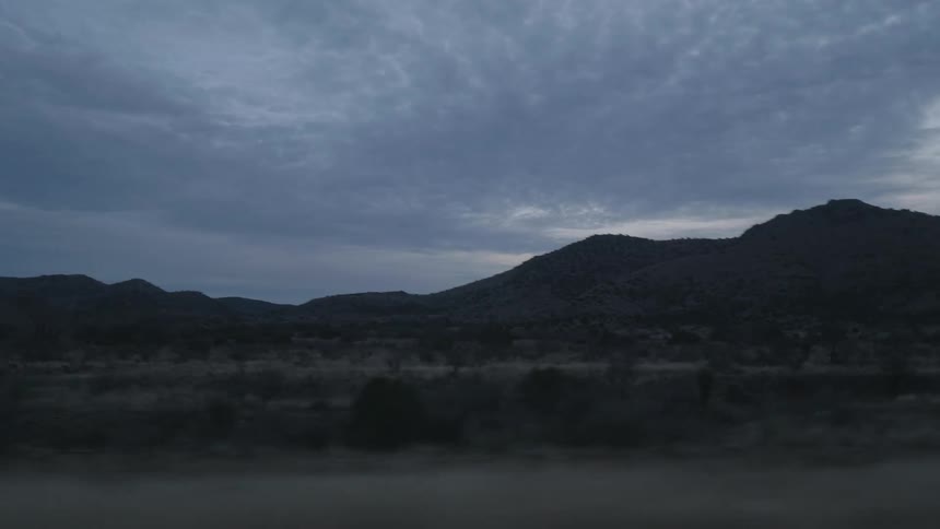 A desert with shrubs with mountains and the sky in the background