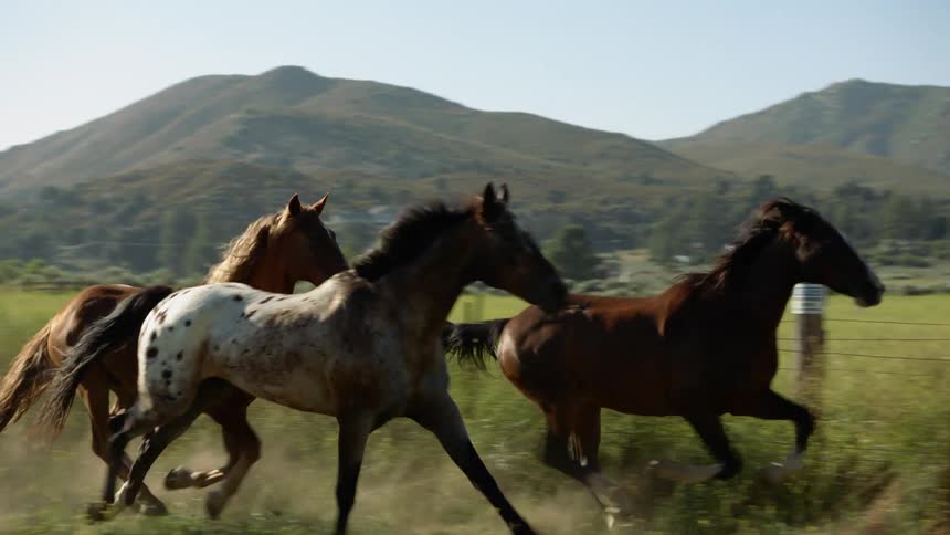 Horses are running along a fence on a ranch located in a valley with a group of houses in the background