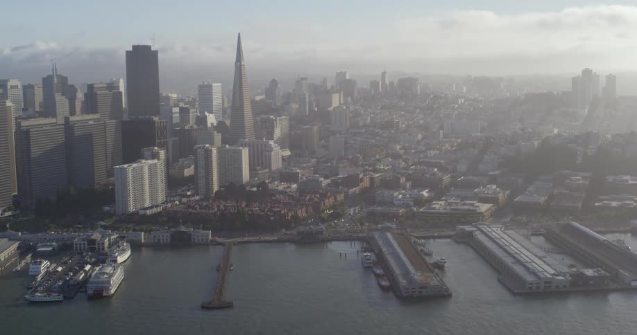 Aerial view of a city skyline on the coast