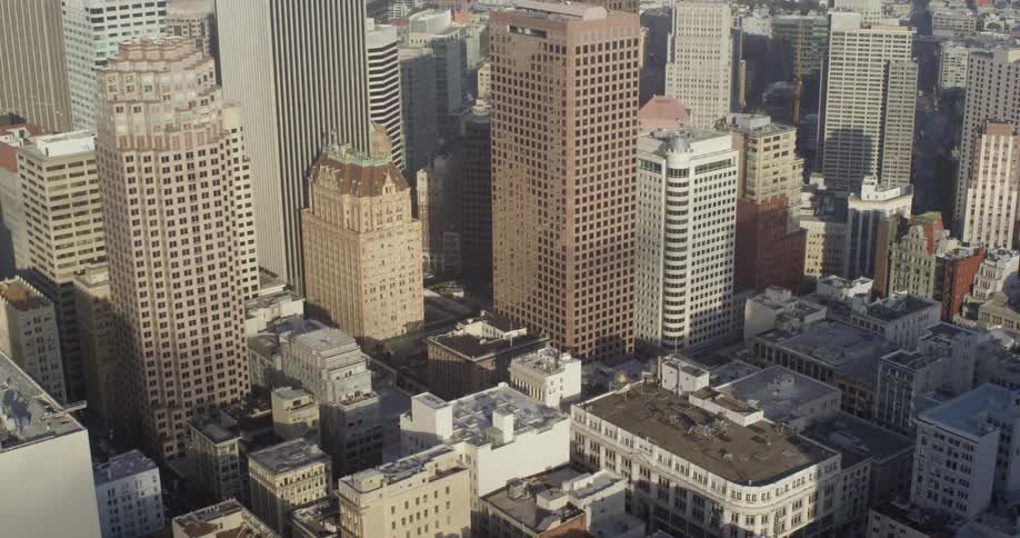 Aerial view of skyscrapers in city downtown at day