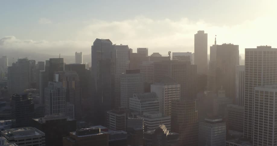 Aerial view of office buildings in a downtown area