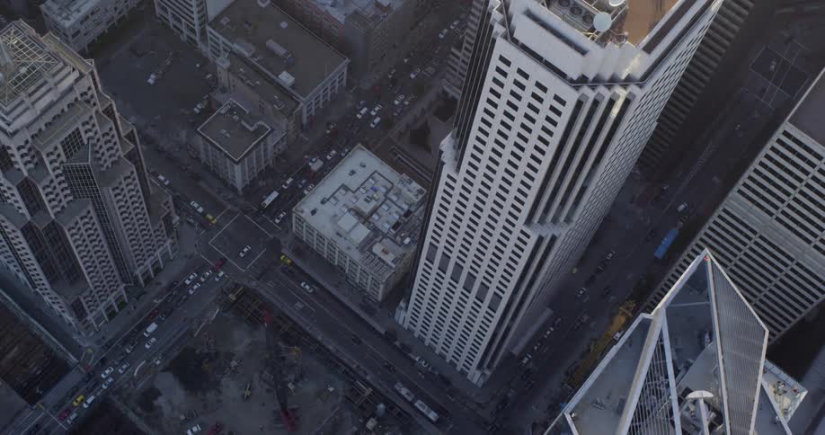 The cars drive on the road past the skyscrapers