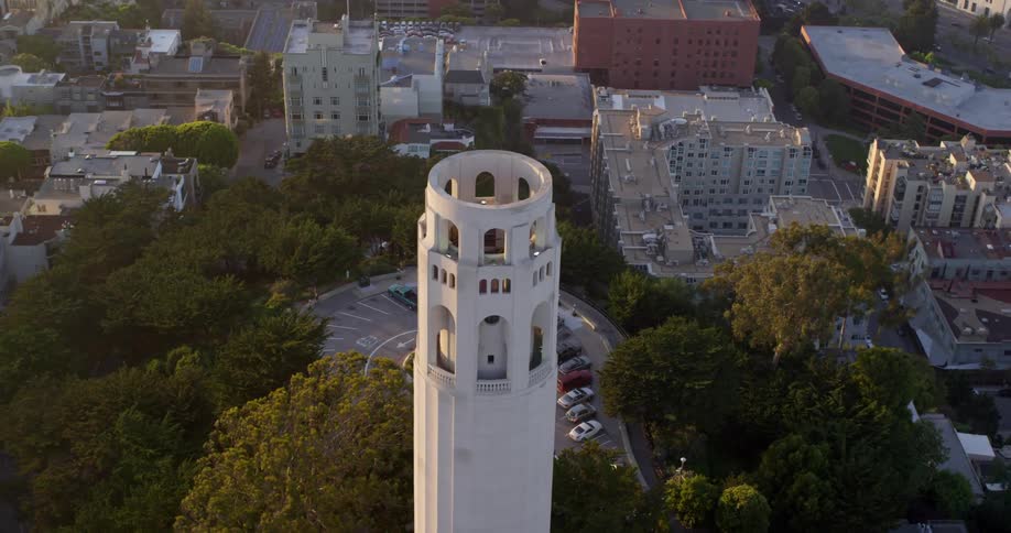 An aerial view of a downtown city is captured