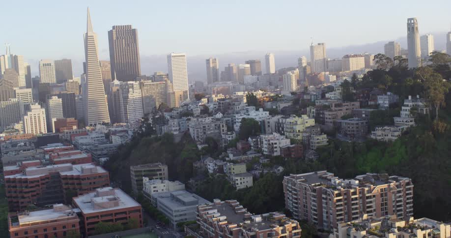 Aerial view of skyscrapers and coit tower in san francisco city downtown