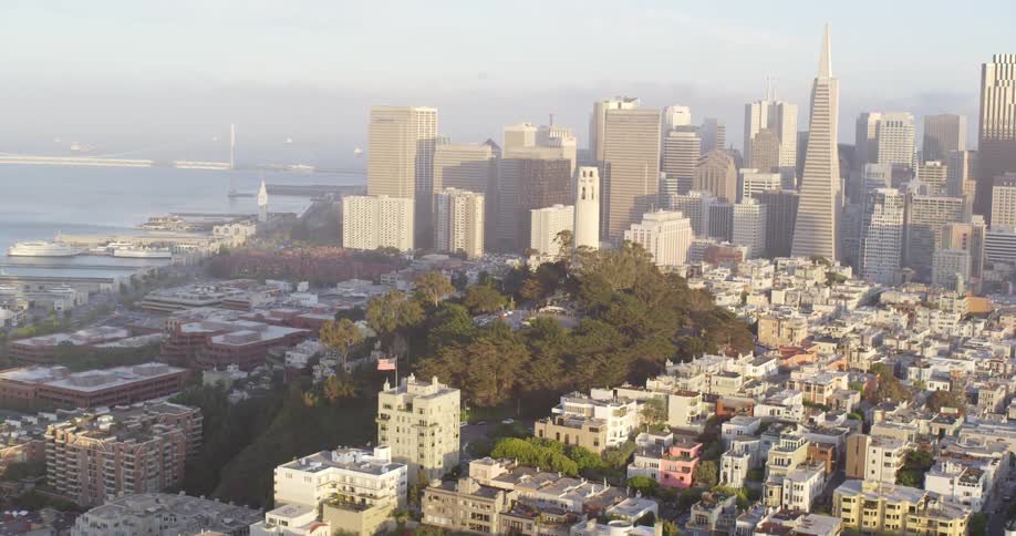 Aerial view of the coit tower in telegraph hill on san francisco at morning