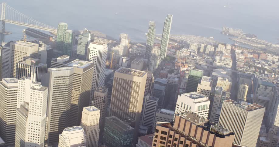 Aerial view of san francisco city downtown and bay at morning
