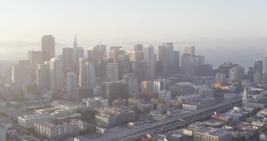 Aerial view of san francisco city covered in mist in the morning