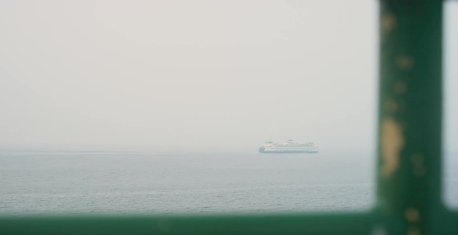 A ship in the ocean seen through the green painted railings on shore on a foggy day