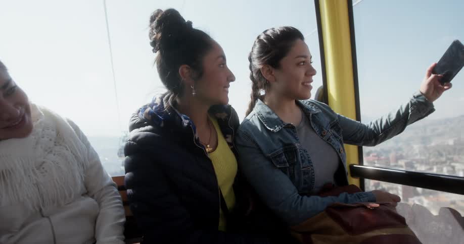 Friends taking a selfie while riding in a gondola