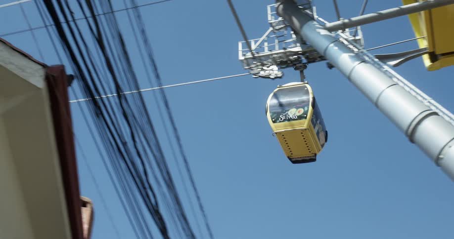 A gondola car moving along the wire track