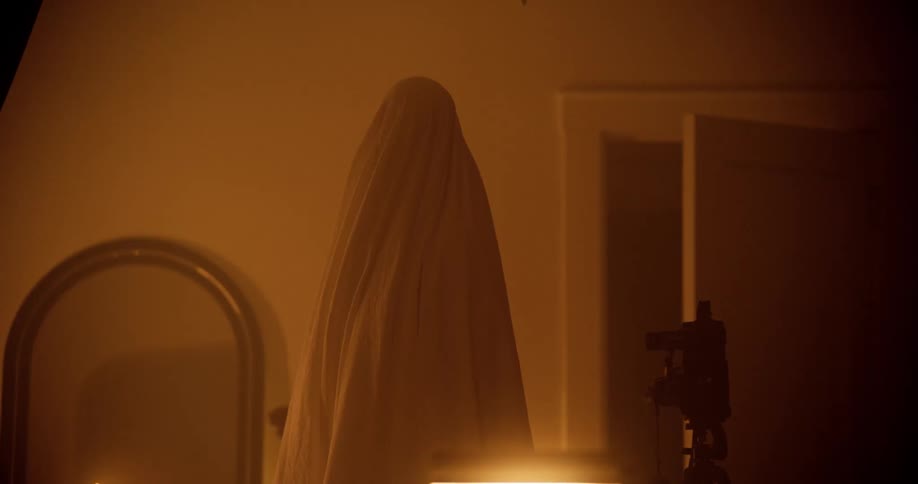 A person covered in a sheet walks in to a room and stop in front of a camera