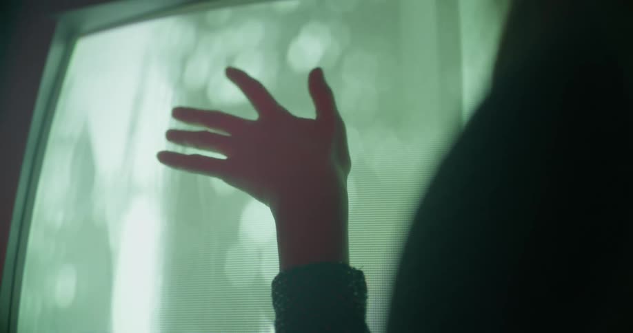 A white woman rubs her hand over a television screen