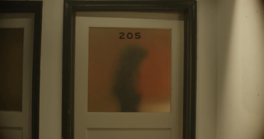 Womans silhouette seen through door window surrounded by red lighting