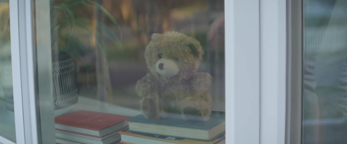 Woman places a teddy bear over some books piled up on a shelf near a window