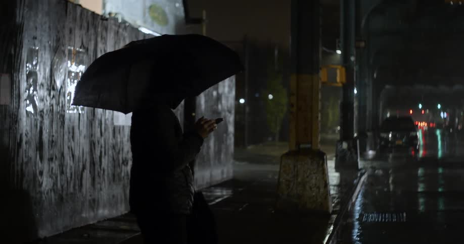 A person stands on the curb using a smartphone under their umbrella on a rainy night