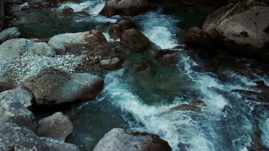 Aerial view of a river flowing over the rocks