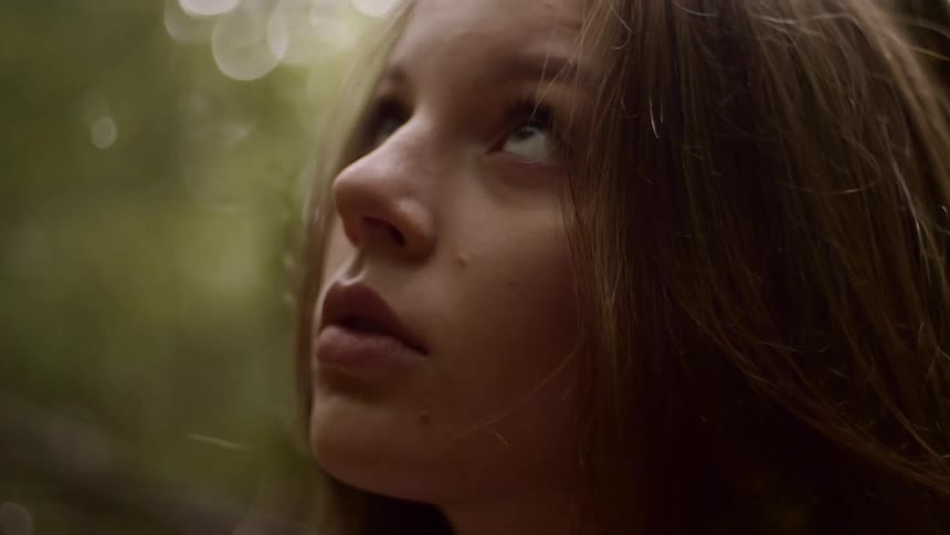 Young girl with brown hair looks up at the trees in the woods