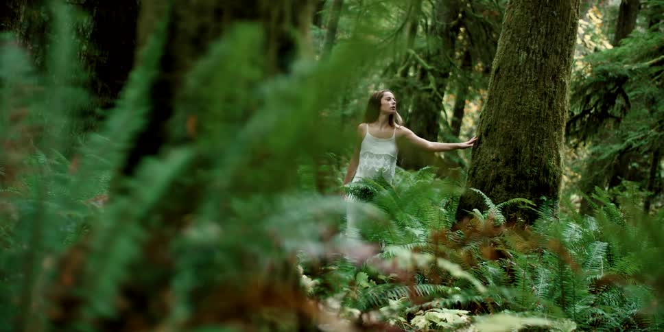 Woman with straight brown hair and a white dress touches a tree trunk in the forest