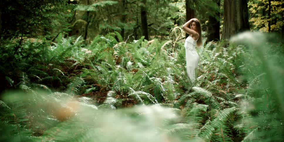 Woman with brown hair and a white dress stands and poses for the camera in the green forest