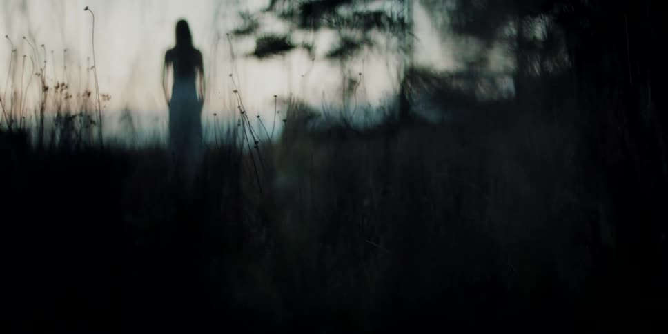 A woman stands near some trees in the grass