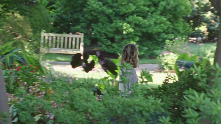 Woman walking on a path through a beautiful garden