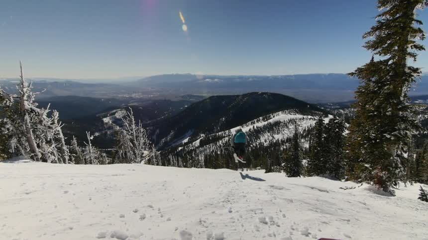 Skier jumps past trees landing lower on slope as mountains stretch to horizon