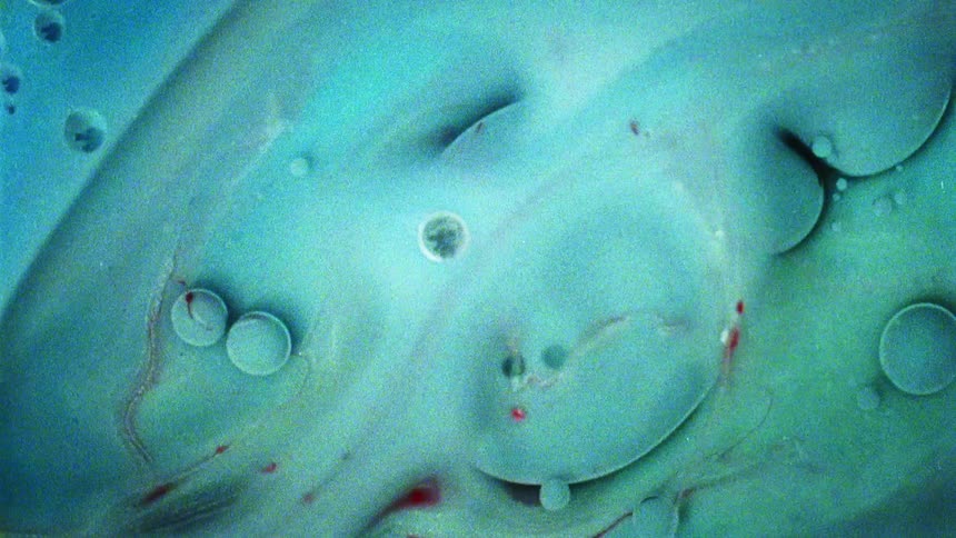 Ink of various hues of blue swirling on the surface of the water