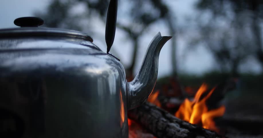 Tea kettle next to campfire flames in the wilderness at dusk