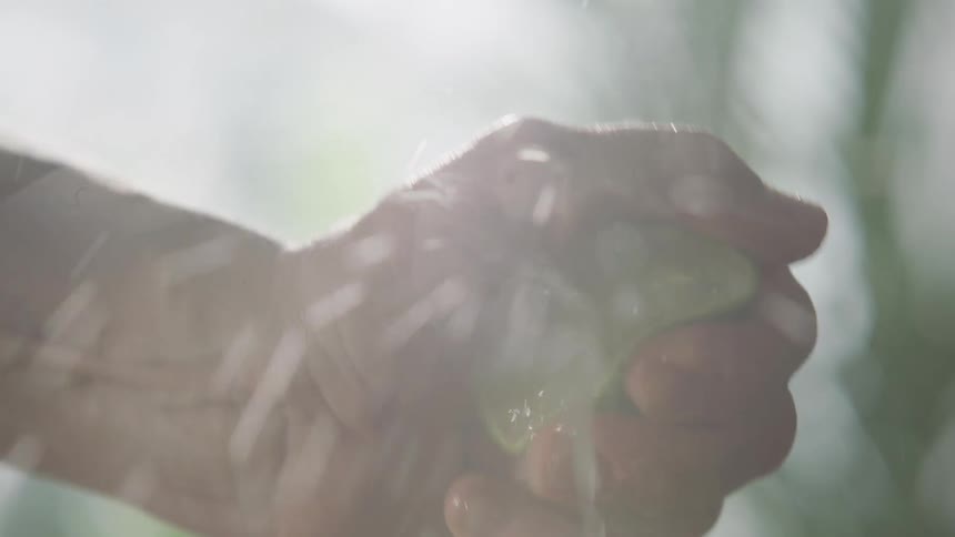 A mans hand squeezes a lime in the kitchen