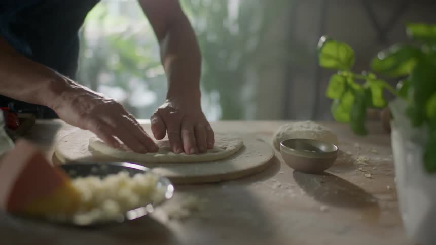 A person is making a pizza from scratch