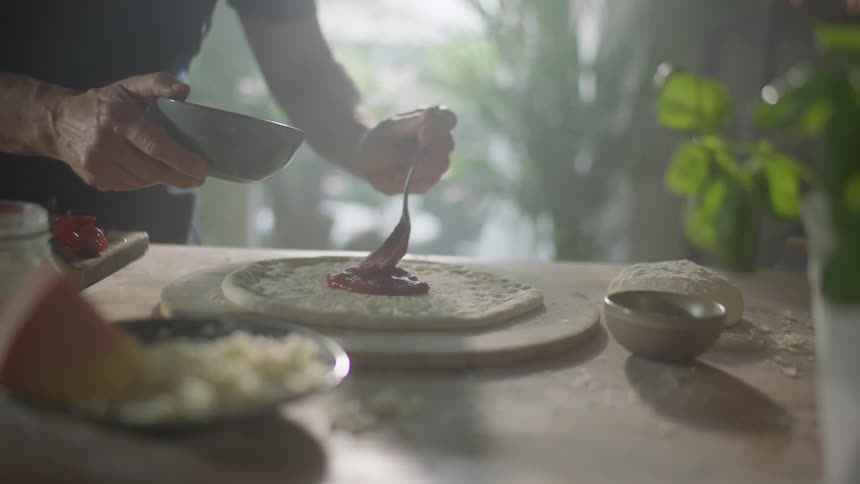 Man spreads tomato sauce over pizza dough in the table on the kitchen